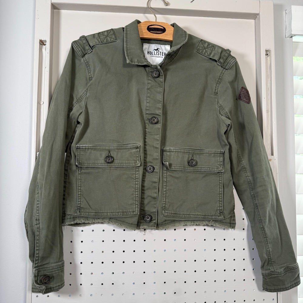 Hollister Cropped Utility Jacket Women's Green Stretch Pockets Workwear - Small